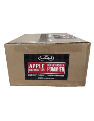 Box of Lumberjack Apple BBQ wood logs for offset smokers.