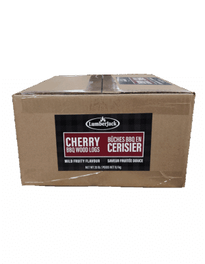Box of Lumberjack Cherry BBQ wood logs for offset smokers.