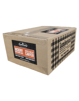 Box of Lumberjack Hickory BBQ wood logs for offset smokers.