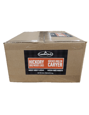 Box of Lumberjack Hickory BBQ wood logs for offset smokers.