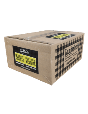 Box of Lumberjack Mesquite BBQ wood logs for offset smokers.