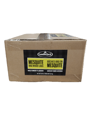 Box of Lumberjack Mesquite BBQ wood logs for offset smokers.